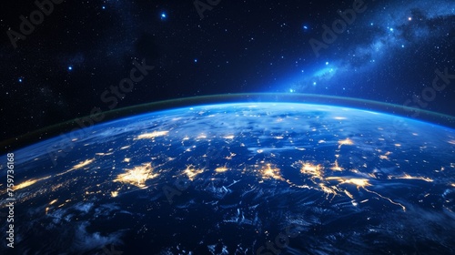 A breathtaking view of our planet from space highlighting continents illuminated by city lights under the night sky