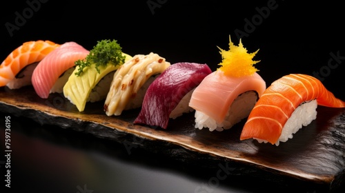An appetizing assortment of sushi neatly arranged on a stone plate demonstrating the precision and elegance of sushi craftsmanship