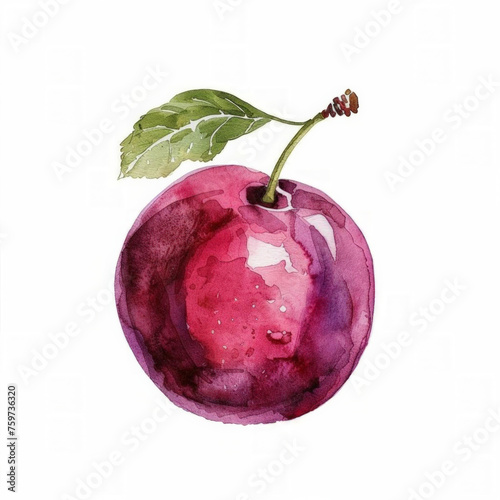 Watercolor illustration of a vibrant purple plum with a green leaf on a clean, white background, ideal for culinary themes or as a natural design element