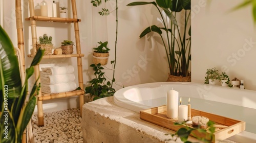 Serene Bamboo Bathroom with Wooden Bathtub Tray and Plants © ArquitecAi