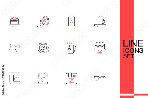 Set line Coffee filter holder, Bag coffee beans, machine, Cake, Cup tea with bag, Medal for and turk icon. Vector