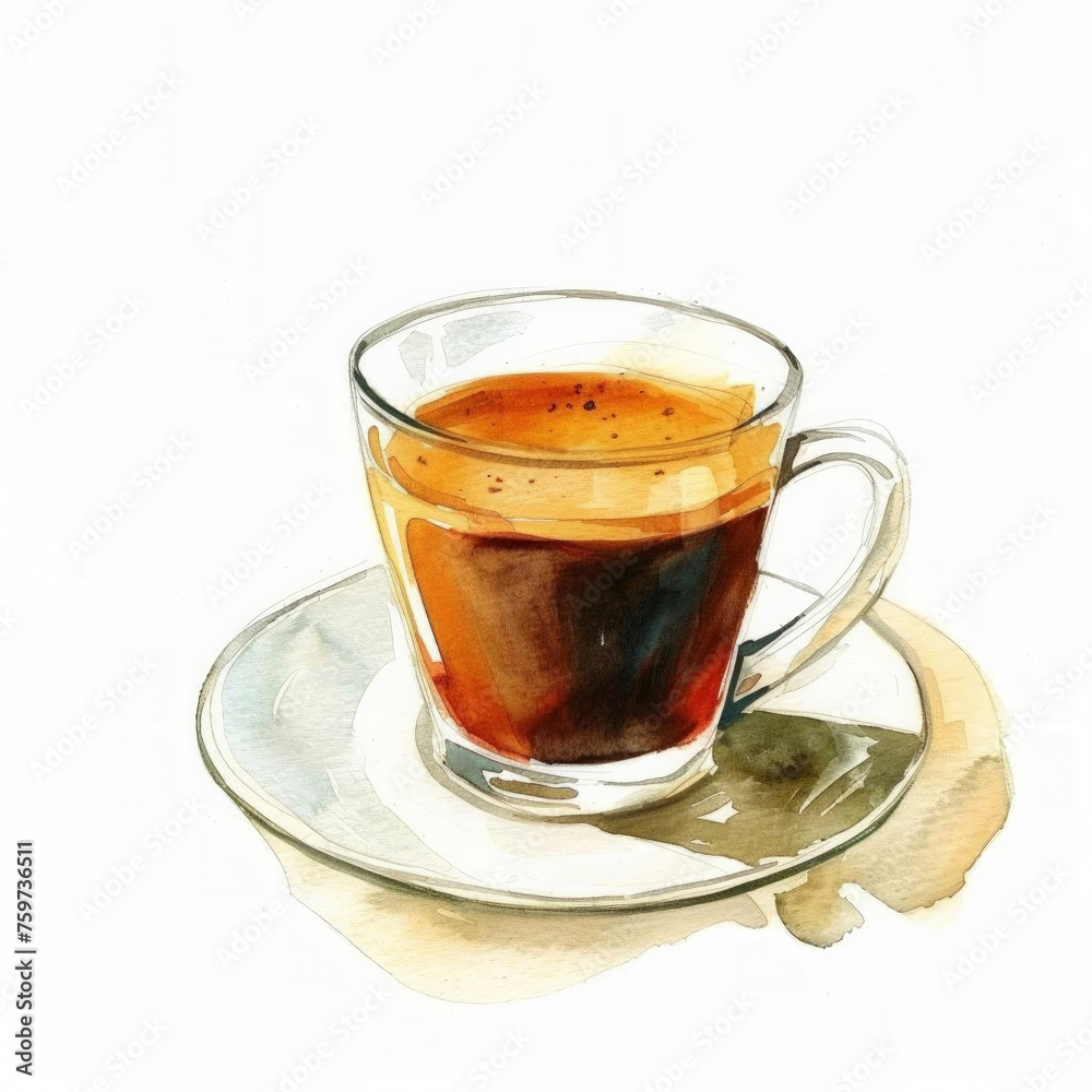 Watercolor illustration of a translucent cup of espresso on a saucer with a coffee stain, isolated on a white background, with space for text Watercolor illustration of a translucent cup of espresso on a saucer with a coffee stain, isolated on a white background, with space for text