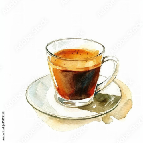 Watercolor illustration of a translucent cup of espresso on a saucer with a coffee stain, isolated on a white background, with space for text