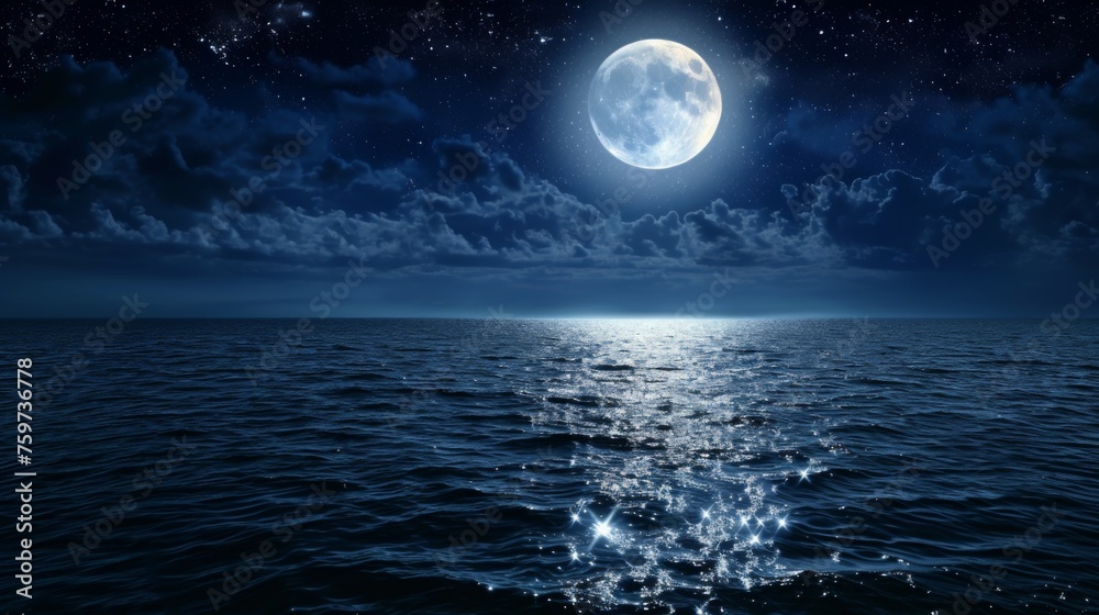 Fototapeta premium Serene image of a full moon shining brightly over a calm sea at night, conveying tranquility and reflection
