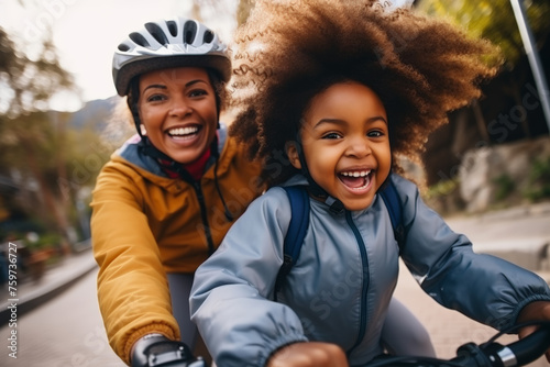 Black mother and daughter riding a bicycle and having fun