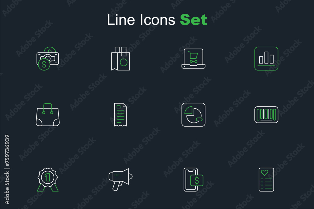 Set line Shopping list, Mobile shopping, Megaphone, Medal, Barcode, Pie chart infographic, Financial check and Paper bag icon. Vector