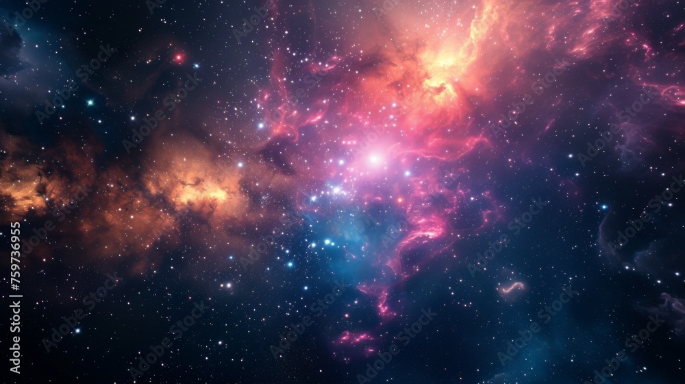A stunning cosmic cloud bursts with vibrant colors, symbolizing energy and the dynamic nature of space