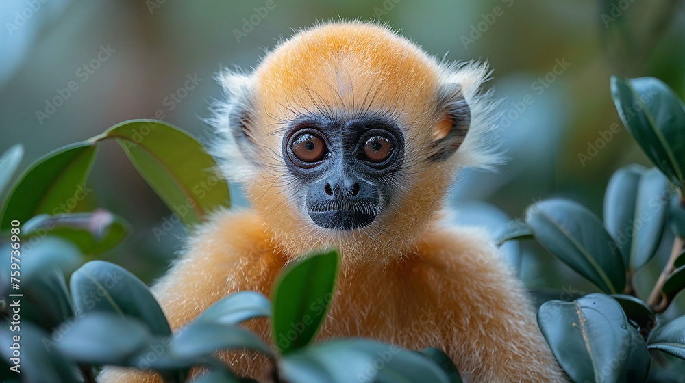 Fototapeta premium wildlife photography, authentic photo of a gibbon in natural habitat, taken with telephoto lenses, for relaxing animal wallpaper and more