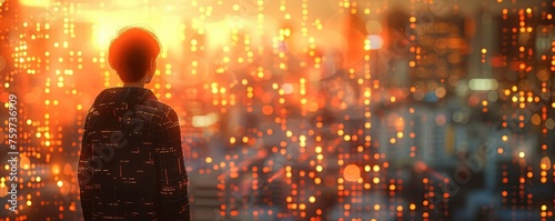 Computer scientist, Artificial intelligence, Unraveling the simulation, Quantum data streams, Cyberpunk, Realistic, Golden hour light, Depth of field bokeh effect