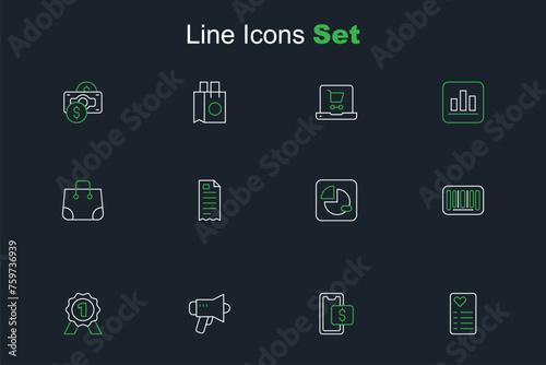 Set line Shopping list, Mobile shopping, Megaphone, Medal, Barcode, Pie chart infographic, Financial check and Paper bag icon. Vector