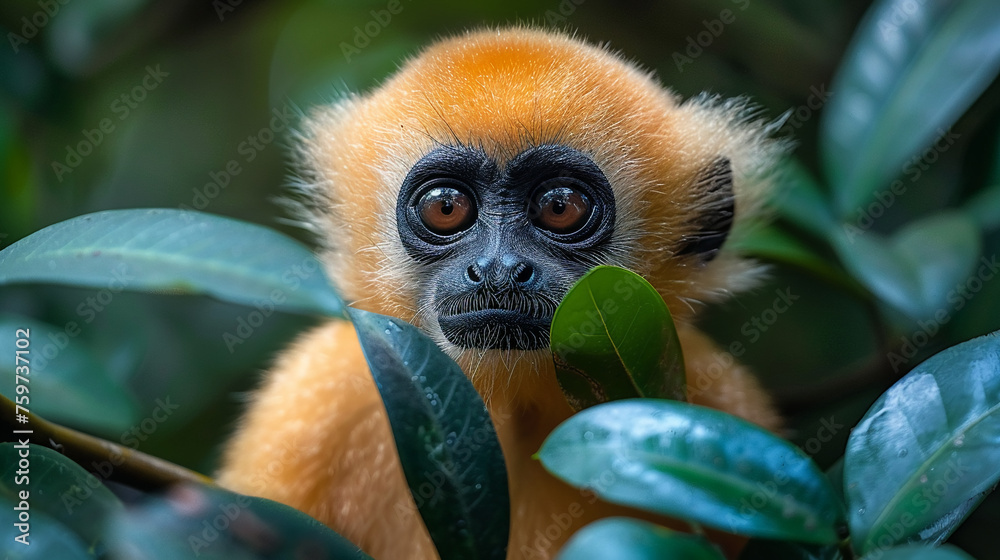 Fototapeta premium wildlife photography, authentic photo of a gibbon in natural habitat, taken with telephoto lenses, for relaxing animal wallpaper and more