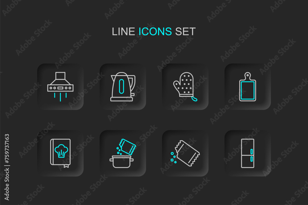 Set line Refrigerator, Packet of pepper, Cooking pot and spice, Cookbook, Cutting board, Oven glove, Electric kettle and Kitchen extractor fan icon. Vector