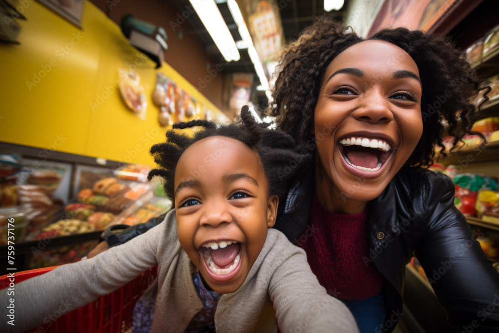 Mother and daughter having fun shopping in grocery store Mother and daughter having fun shopping in grocery store