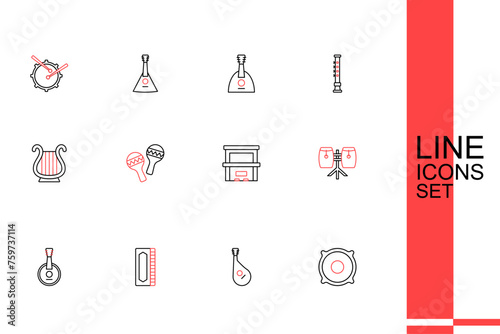 Set line Stereo speaker, Bandura, Harmonica, Banjo, Conga drums, Piano, Maracas and Ancient Greek lyre icon. Vector