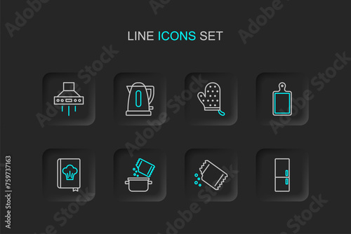 Set line Refrigerator, Packet of pepper, Cooking pot and spice, Cookbook, Cutting board, Oven glove, Electric kettle and Kitchen extractor fan icon. Vector
