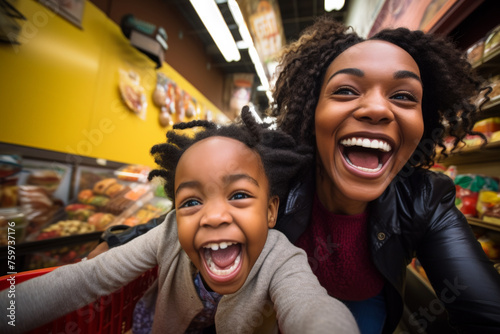 Mother and daughter having fun shopping in grocery store photo
