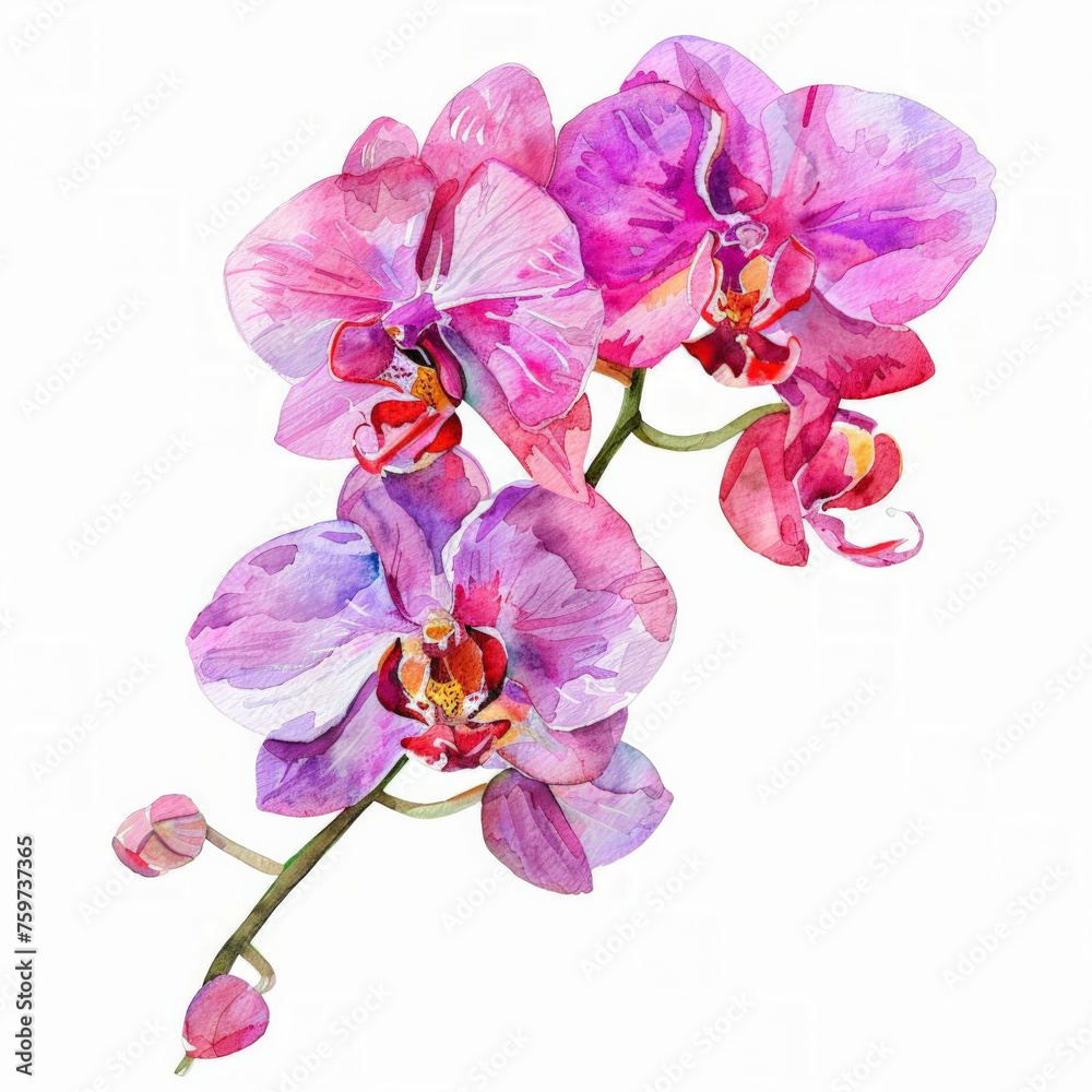 Fototapeta premium Watercolor illustration of vibrant pink and purple orchid flowers, ideal for greeting cards or botanical-themed designs, with ample white space for text