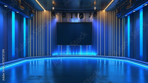 A stylish stage set with LED blue lights and vertical panels  creating an ideal backdrop for high-profile events