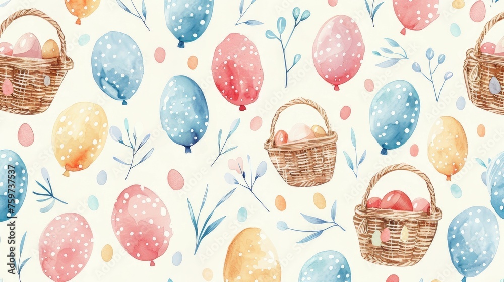 Pastel balloons and egg baskets, a light-hearted and joyful Easter pattern Pastel balloons and egg baskets, a light-hearted and joyful Easter pattern