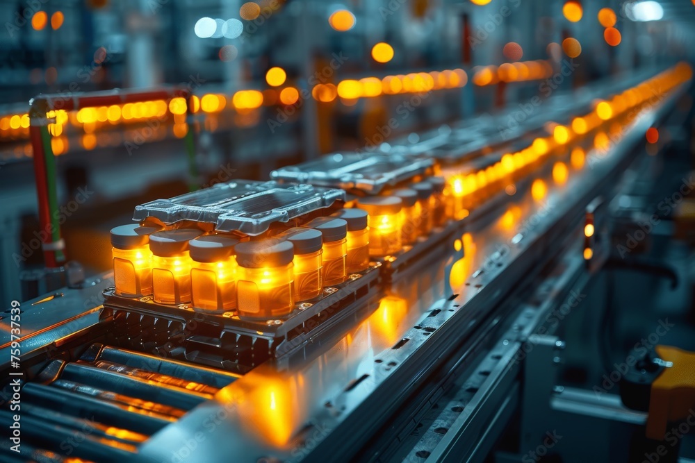 Highly detailed image of glowing vials on a conveyor in a modern pharma production line facility