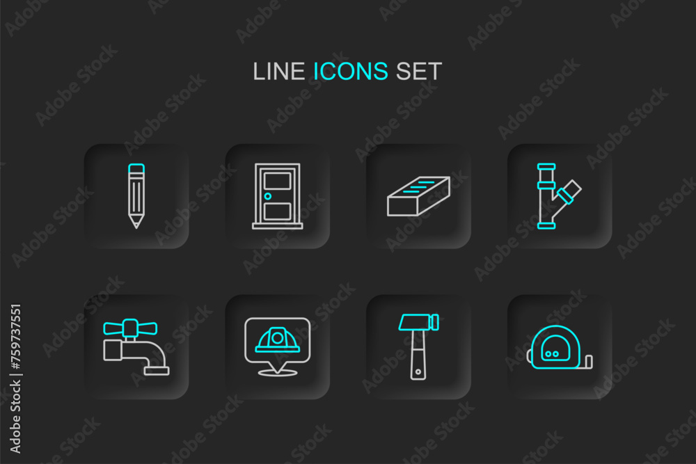 Set line Roulette construction, Hammer, Worker safety helmet, Water tap, Industry metallic pipe, Brick, Closed door and Pencil with eraser icon. Vector
