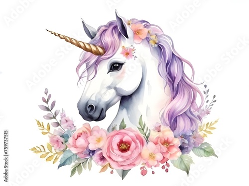 Cute watercolor unicorn with flowers isolated on white background	