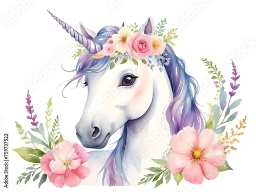Cute watercolor unicorn with flowers isolated on white background 