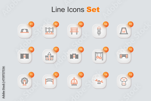 Set line Mushroom house, Seesaw, Attraction carousel, Playground kids bridge, Swing for, Gymnastic rings and Swedish wall icon. Vector