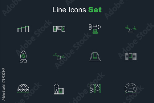 Set line Playground climbing equipment, Swing for kids, Swedish wall, Seesaw and Rocket ship toy icon. Vector