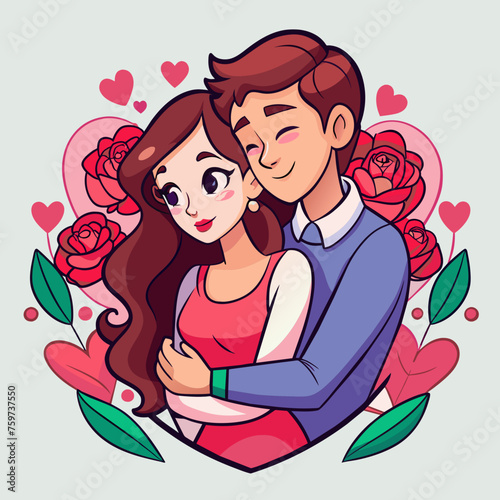 Sticker featuring a romantic couple in a tender embrace  surrounded by hearts and roses  capturing the essence of love