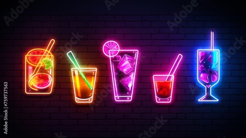 An array of five colorful LED-lit neon cocktail glass signs in different styles, radiating vibrant energy against a brick wall background