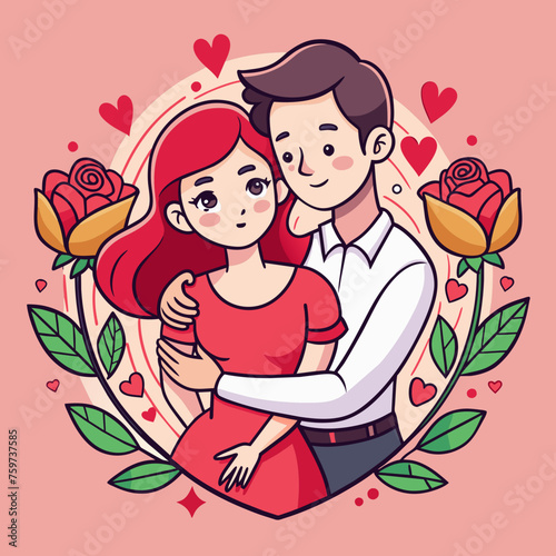 Sticker featuring a romantic couple in a tender embrace, surrounded by hearts and roses, capturing the essence of love