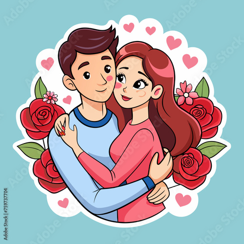 Sticker featuring a romantic couple in a tender embrace, surrounded by hearts and roses, capturing the essence of love