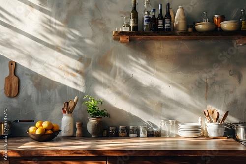 Sunlight and Shadows on a Kitchen Wall adorned with Wooden Cabinets and Cooking Utensils photo