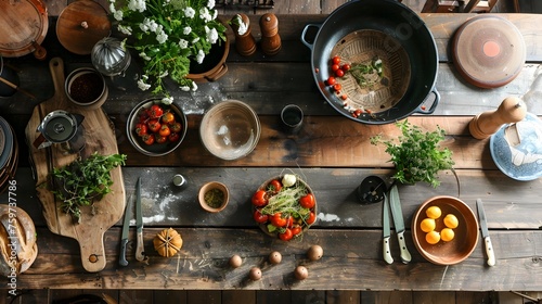Vintage Wooden Table Invites Hearty Home-Cooked Meals with Rustic Charm and Fresh Ingredients