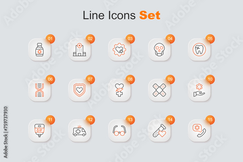 Set line Emergency call 911, Test tube with blood, Glasses, Ambulance car, IV bag, Cross hospital medical, Crossed bandage plaster and Ethnoscience icon. Vector