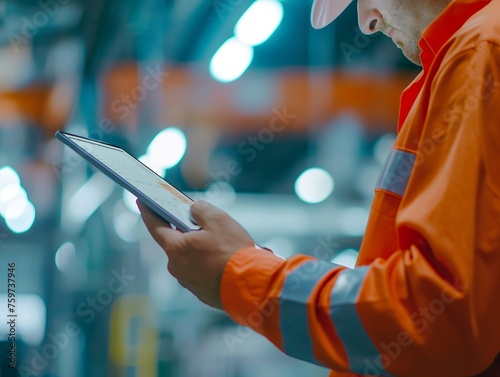 A professional wearing a high-visibility safety vest checks data on a digital tablet in an industrial setting with blurred machinery in the background.