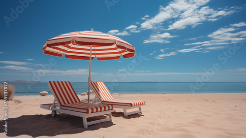 red sunbeds and umbrella on the beach