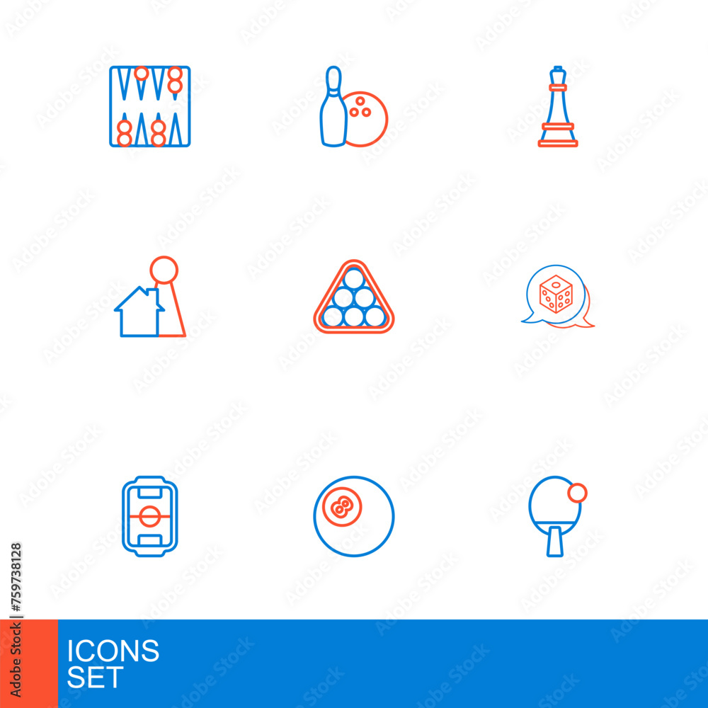 Obraz premium Set line Racket, Billiard pool snooker ball, Table football, Game dice, Chip for board game, balls in triangle, Chess and Bowling pin and icon. Vector