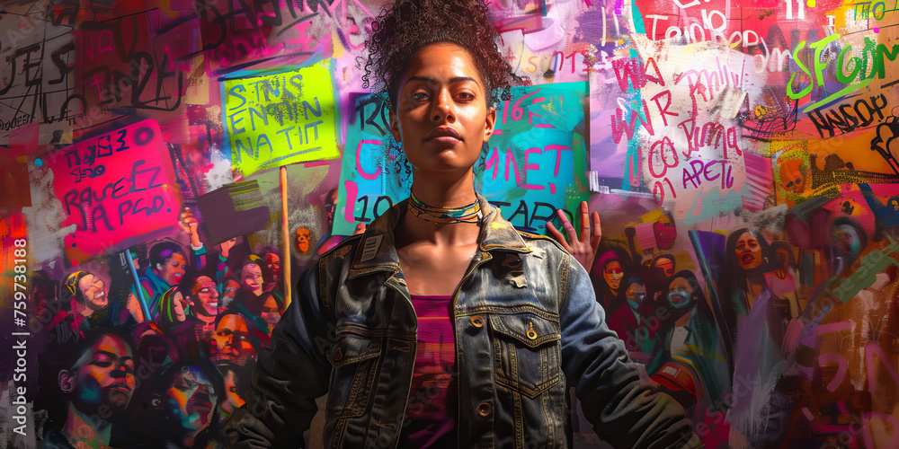 Fototapeta premium Confident urban street artist standing with arms crossed in front of vivid graffiti artwork