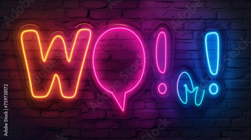 A striking image showing the expressive word Wow! spelled out in neon lights, creating an instant feeling of surprise and elation against a brick backdrop