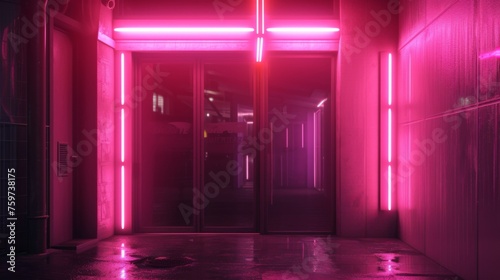 A captivating entrance to a building framed by glowing pink neon lights  evoking feelings of intrigue and mystery