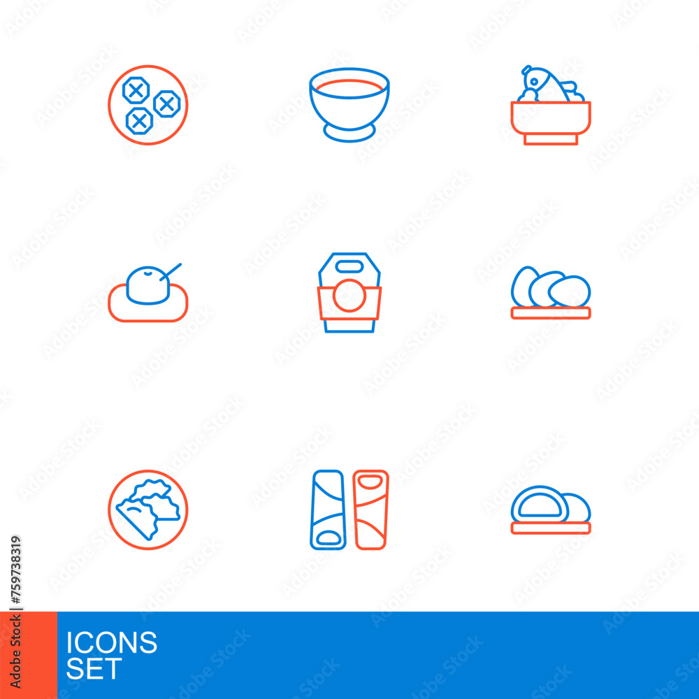 Set line Sushi, Guotie, Dumpling, Chicken egg, Mochi, Asian noodles paper box, Rice with fish bowl and Soy sauce icon. Vector Set line Sushi, Guotie, Dumpling, Chicken egg, Mochi, Asian noodles paper box, Rice with fish bowl and Soy sauce icon. Vector