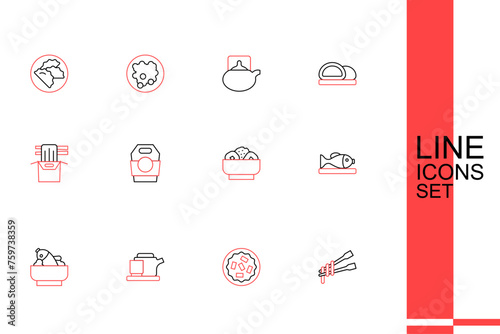 Set line Food chopsticks with noodles, Homemade pie, Traditional tea ceremony, Rice fish in bowl, Served plate, Chow mein, Asian paper box and icon. Vector