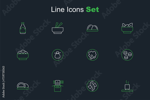 Set line Cup of tea, Served cucumber on plate, Asian noodles in paper box, Sushi, Rice bowl, Wonton and Chow mein icon. Vector