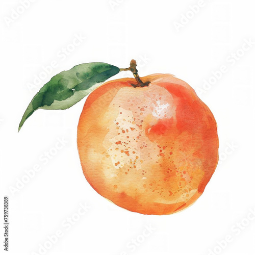 Watercolor illustration of a ripe peach with a green leaf, isolated on a white background with space for text, suitable for culinary themes and summer designs