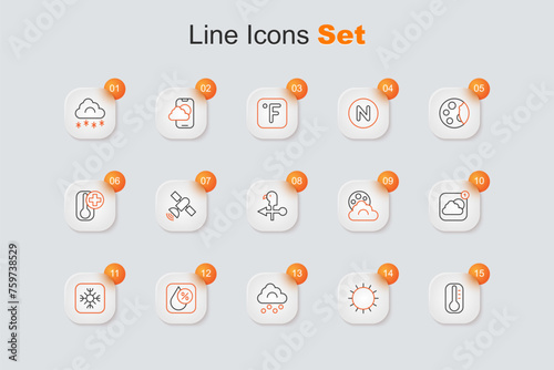 Set line Thermometer, Sun, Hail cloud, Water drop percentage, Snowflake, Weather forecast app, Cloud with moon and Rooster weather vane icon. Vector