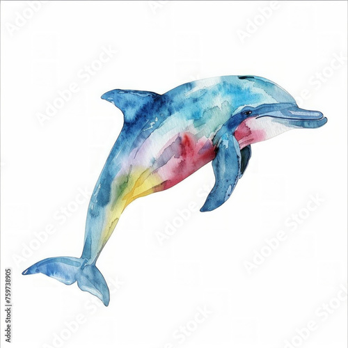 Vibrant watercolor painting of a dolphin with ample white space for text, ideal for marine life themes and creative backgrounds