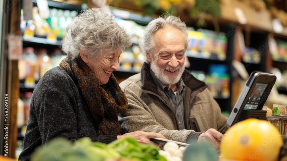 Laughing elderly couple paying with a tablet at a grocery store.