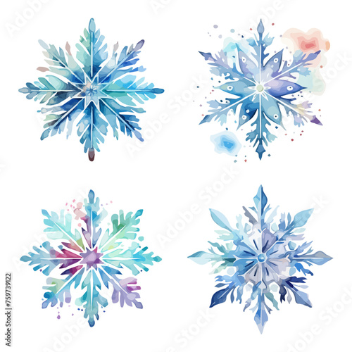 Blue snowflakes watercolor in beautiful style on white background. Winter holiday season Vector set, Cold snowflake. flake seasonal ice delicate unique frost winter cold snowflake flake